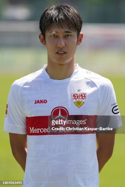 Hiroki Ito of VfB Stuttgart poses during the team presentation at Training ground of VfB Stuttgart on July 05, 2022 in Stuttgart, Germany.