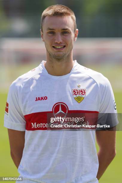 Sasa Kalajdzic of VfB Stuttgart poses during the team presentation at Training ground of VfB Stuttgart on July 05, 2022 in Stuttgart, Germany.