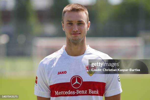 Sasa Kalajdzic of VfB Stuttgart poses during the team presentation at Training ground of VfB Stuttgart on July 05, 2022 in Stuttgart, Germany.