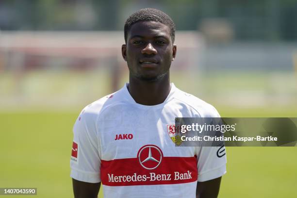 Clinton Mola of VfB Stuttgart poses during the team presentation at Training ground of VfB Stuttgart on July 05, 2022 in Stuttgart, Germany.