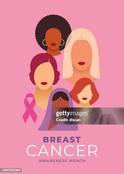 brustkrebs-bewusstseinsmonat und verschiedene ethnische frauen mit rosa unterstützungsband. - modest clothing stock-grafiken, -clipart, -cartoons und -symbole