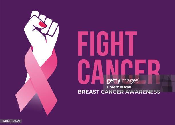 stockillustraties, clipart, cartoons en iconen met breast cancer awareness month campaign poster with hands fist protesting. - female fist fights