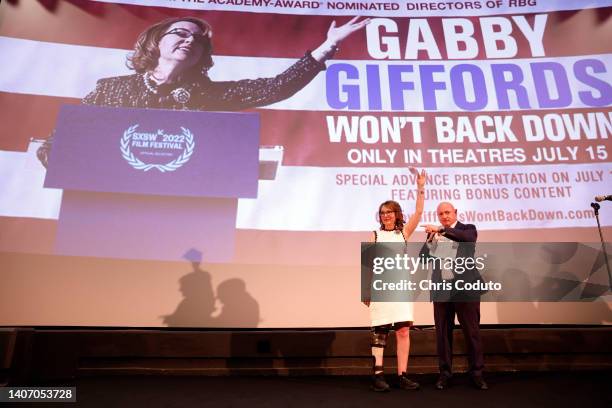 Former U.S. Rep. Gabrielle Giffords and Senator Mark Kelly talk to the crowd during the Tucson Premiere Screening Event of “Gabby Giffords Won’t Back...