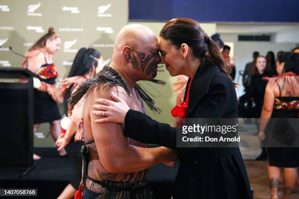 New Zealand Prime Minister Jacinda Ardern is greeted with a Māori hongi during the launch of 'the NZ Design edit' at David Jones Elizabeth Street...