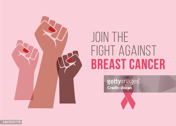 ilustrações, clipart, desenhos animados e ícones de pôster da campanha do mês de conscientização do câncer de mama com as mãos protestando. - câncer de mama