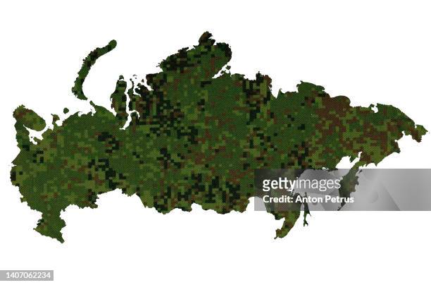 camouflage of the russian army on the background of the map of russia - tenue de camouflage mode photos et images de collection