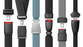 Safety belts. Vehicle airplanes driving belts with lock for save your life in road accident decent vector illustrations in realistic style