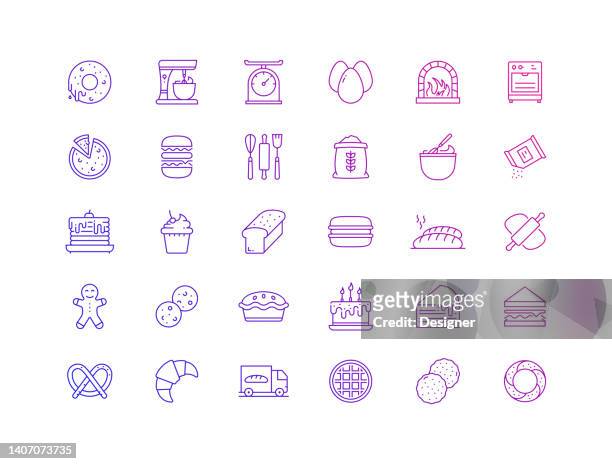 simple set of bakery related vector thin line icons. outline symbol collection. - creme eggs stock illustrations