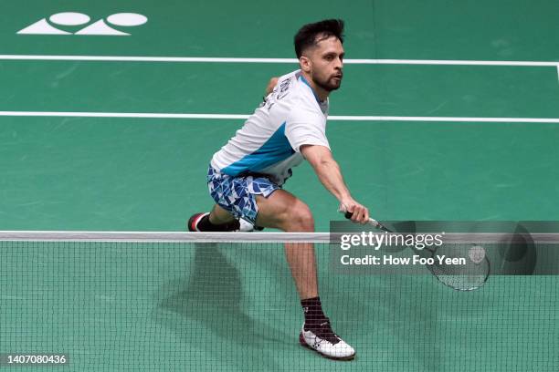 Parupalli Kashyap of India in action against Tommy Sugiarto of Indonesia in their men's singles match on day two of the Perodua Malaysia Masters at...