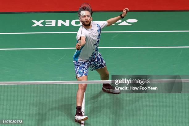 Parupalli Kashyap of India in action against Tommy Sugiarto of Indonesia in their men's singles match on day two of the Perodua Malaysia Masters at...