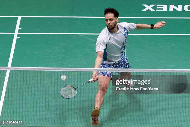 Parupalli Kashyap of India in action against Tommy Sugiarto of Indonesia in their men's singles match on day two of the Perodua Malaysia Masters at...