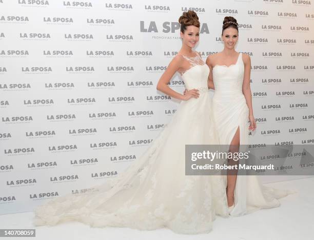 Malena Costa and Helen Lindes pose during a photocall for 'La Sposa' a new collection by the Pronovias Fashion Group at the Palau de Congressos on...