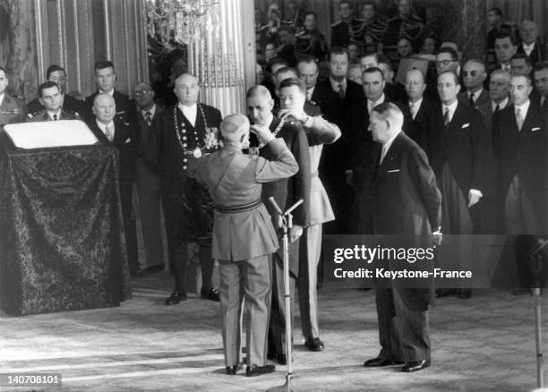 In a room of the Elysee Palace in Paris, during the investiture ceremony of general De Gaulle as president of the republic on January 8 general...