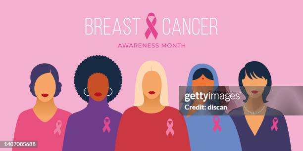 ilustrações de stock, clip art, desenhos animados e ícones de breast cancer awareness month and diverse ethnic women with pink support ribbon. - hijab