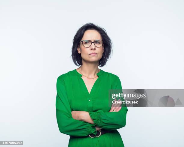 portrait of thoughtful women - brown hair isolated stock pictures, royalty-free photos & images