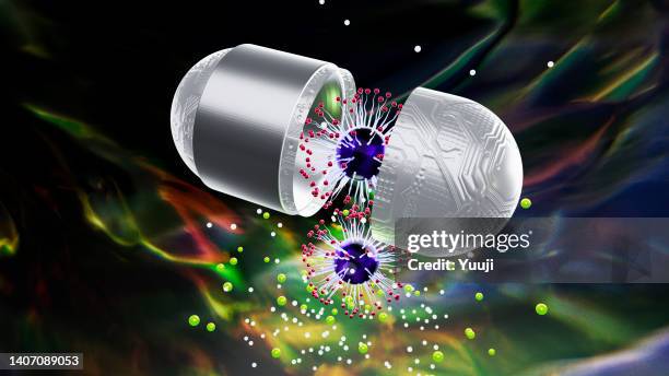 las cápsulas blancas inyectan medicamentos editados por el genoma en el área afectada. - nanotecnología fotografías e imágenes de stock