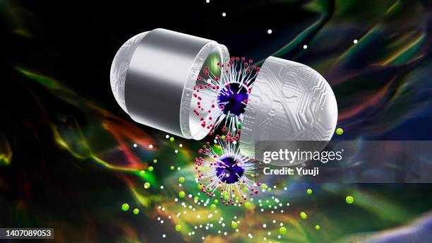 white capsules inject genome-edited drugs into the affected area. - nanotechnology stockfoto's en -beelden