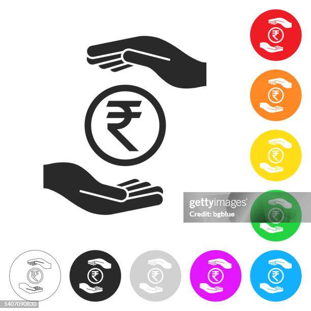 indian rupee coin between hands. icon on colorful buttons - multi coloured buttons stock illustrations