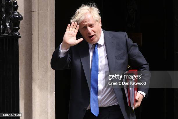 Prime Minister Boris Johnson leaves 10 Downing Street for PMQ's on July 6, 2022 in London, England. Minister for Health, Sajid Javid, resigned from...