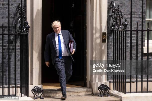 Prime Minister Boris Johnson leaves 10 Downing Street for PMQ's on July 6, 2022 in London, England. Minister for Health, Sajid Javid, resigned from...