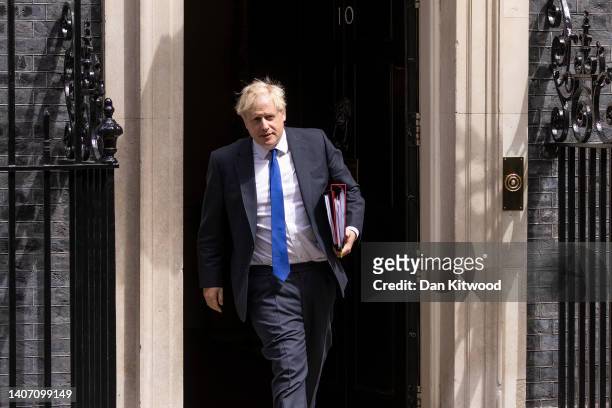 Prime Minister Boris Johnson leaves 10 Downing Street for PMQ's on July 6, 2022 in London, England. Minister for Health, Sajid Javid, resigned from...
