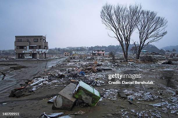 Lone apartment block stands in a neighbourhood ravaged by last years tsunami on March 02, 2012 in Ishinomaki, Japan. As the one year anniversary...