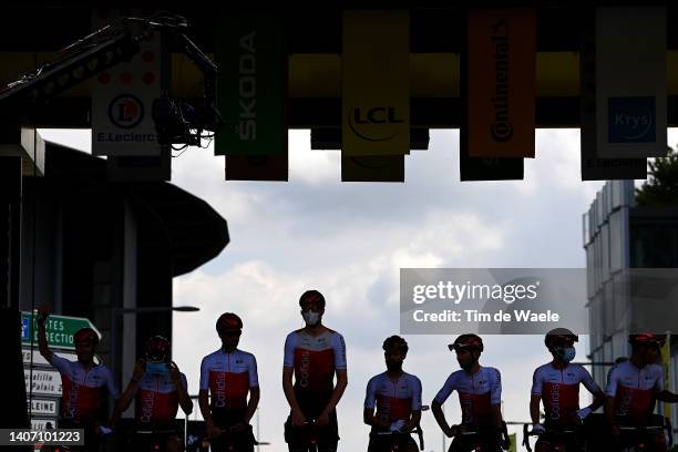 Silhouettes of Pierre-Luc Perichon of France and Team Cofidis, Simon Geschke of Germany, Ion Izagirre Insausti of Spain, Victor Lafay of France,...