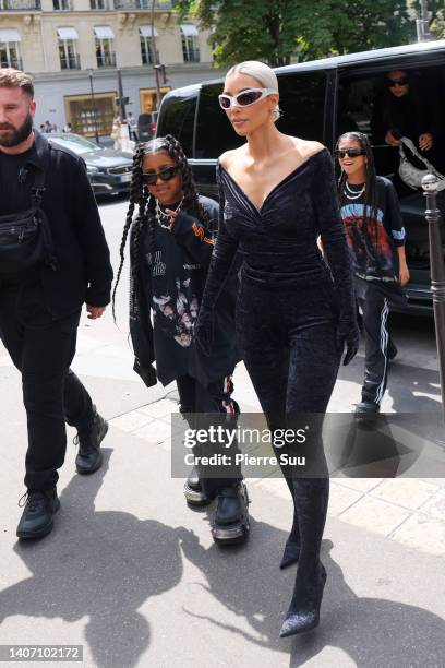 Kim Kardashian and North West arrive at a restaurant on July 06, 2022 in Paris, France.