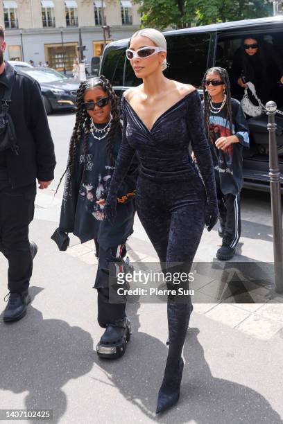 Kim Kardashian and North West arrive at a restaurant on July 06, 2022 in Paris, France.