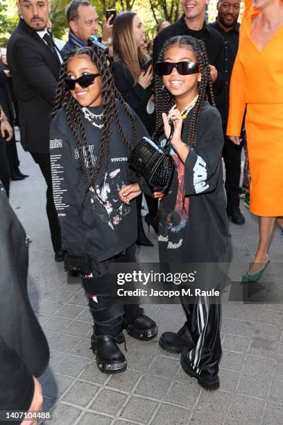 North West and Saint West arrive at Balenciaga on July 06, 2022 in Paris, France.