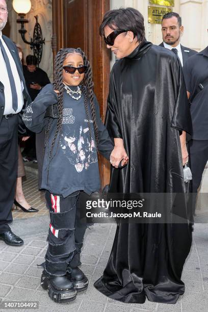 North West and Kris Jenner arrive at Balenciaga on July 06, 2022 in Paris, France.