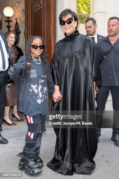 North West and Kris Jenner arrive at Balenciaga on July 06, 2022 in Paris, France.