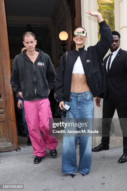 Bella Hadid departs at Balenciaga on July 06, 2022 in Paris, France.