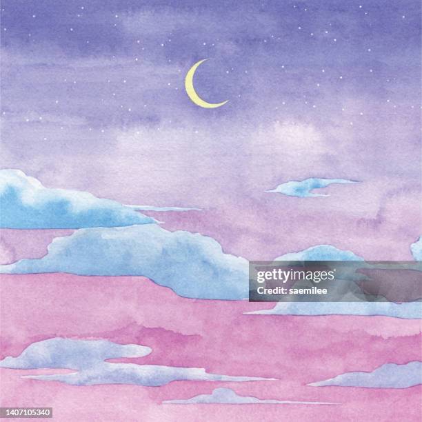 watercolor night with stars background - beautiful moon stock illustrations