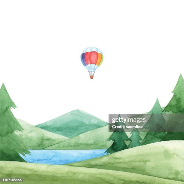 watercolor green forest and hot air balloon - hot air balloon stock illustrations
