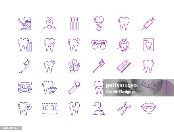 ilustraciones, imágenes clip art, dibujos animados e iconos de stock de conjunto simple de iconos de línea fina vectorial escindez. colección de símbolos de esquema - toothache