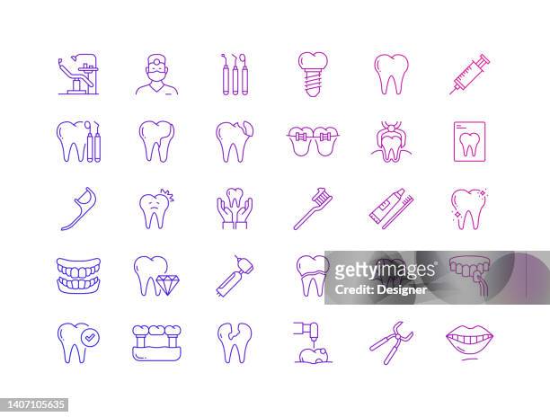 stockillustraties, clipart, cartoons en iconen met simple set of dental related vector thin line icons. outline symbol collection - dental implant