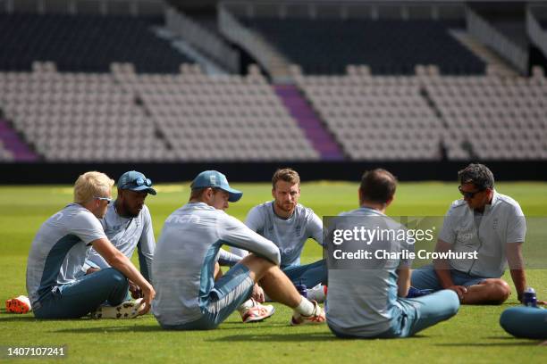 England limited overs captain Jos Buttler chats to team mates during an England net session at Ageas Bowl on July 06, 2022 in Southampton, England.