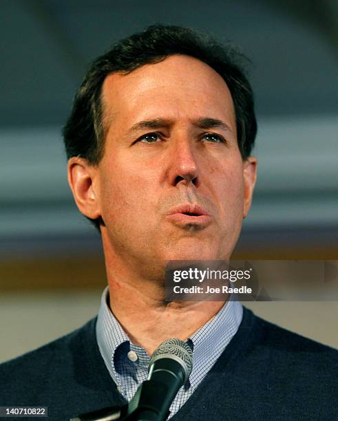 Republican presidential candidate, former U.S. Sen. Rick Santorum speaks during a campaign rally at the Dayton Christian School on March 5, 2012 in...