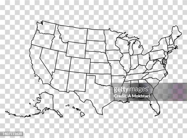 ilustraciones, imágenes clip art, dibujos animados e iconos de stock de mapa de los estados unidos en esquema sobre un fondo transparente. - united states map