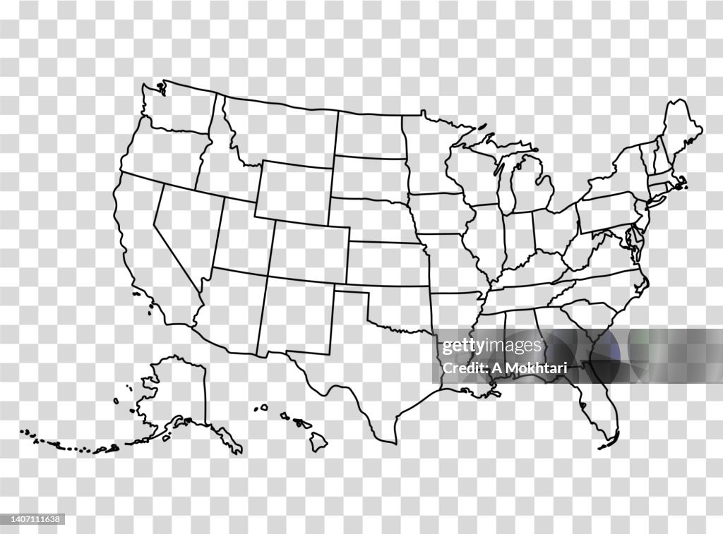 Map of the United States in outline on a transparent background.