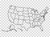 Map of the United States in outline on a transparent background.
