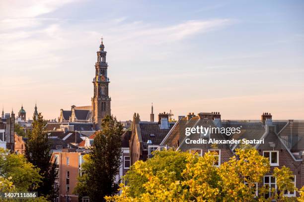 amsterdam skyline with westerkerk church, netherlands - skyline amsterdam stock pictures, royalty-free photos & images