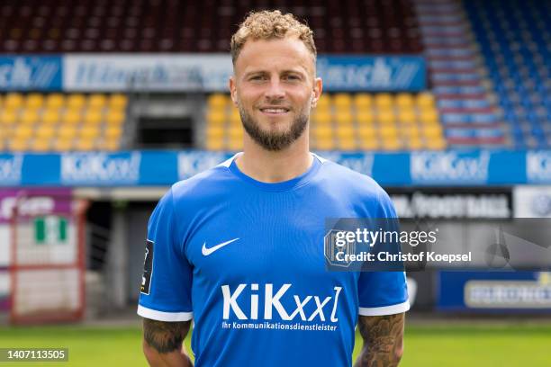 Christoph Hemlein of SV Meppen poses during the team presentation at Haensch Arena on July 06, 2022 in Meppen, Germany.