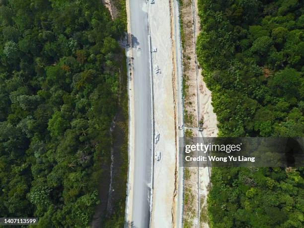 forest being destroyed to build highway - borneo deforestation stock pictures, royalty-free photos & images