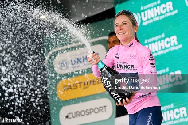 Annemiek Van Vleuten of Netherlands and Movistar Team - Pink Leader Jersey celebrates at podium during the 33rd Giro d'Italia Donne 2022, Stage 6 a...