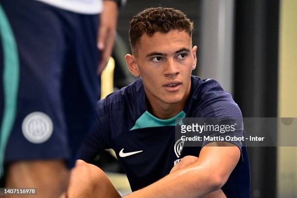 Kristjan Asllani of FC Internazionale looks on during the FC Internazionale training session at the club's training ground Suning Training Center at...