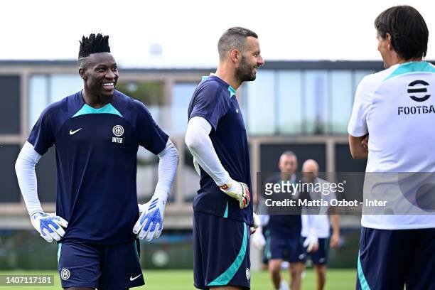 André Onana of FC Internazionale looks on during the FC Internazionale training session at the club's training ground Suning Training Center at...