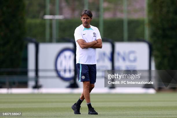 Head Coach Simone Inzaghi of FC Internazionale looks on at Appiano Gentile on July 06, 2022 in Como, Italy.