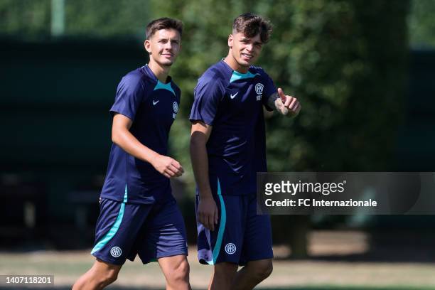 Alessandro Silvestro of FC Internazionale and Mattia Ronald Sangalli of FC Internazionale at Appiano Gentile on July 06, 2022 in Como, Italy.